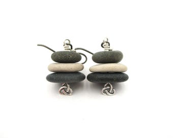 Lake Michigan Pebble Cairn Celtic Knot Earrings, Hypoallergenic Niobium and Sterling Silver Ear Wires, Unique Handmade Michigan Jewelry