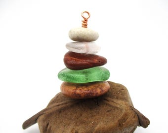 Suncatcher Cairn Ornament with Card and Organza Bag, One of a Kind Lake Michigan Pebble and Beach Glass Gift, Window Suncatcher