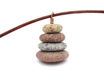 Lake Superior Pebble Cairn Necklace - Boho Beach Stone Pendant - 20" Leather Cord - Copper & Natural Stone - Great Lakes Gift