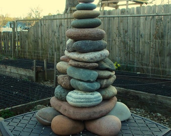 Large Garden Cairn from Lake Michigan & Superior Beach Stones, Re-stackable Rock Cairn, Stacked Stone Cottage Garden Cairn, Garden Decor