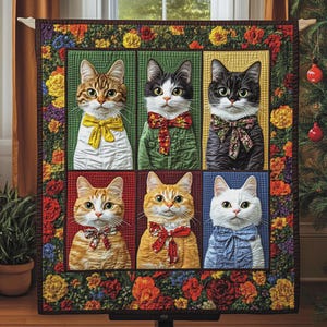 Dapper Kittens in Bowties Quilt Blanket Elegant Cat Portrait Soft Throw Cozy Fleece Bedding Gift for Cat Lovers Fancy Kitty Home Decoration