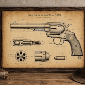 May include: A framed vintage-style technical drawing print titled Colt Single Action Army (1873). The illustration features a detailed side view of a revolver, a cylinder mechanism, a cylinder front view, a cylinder side view, and a cartridge.
