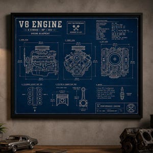 May include: A framed blueprint poster of a V8 engine on a dark blue background. It displays technical drawings including side, front, and top views, cylinder layout, and piston details with specifications in inches and pounds, labeled V8 ENGINE.