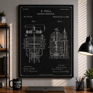 May include: A black and white patent print of Nikola Tesla's electric generator, dated January 2, 1894. The artwork features technical diagrams labeled Fig. 1 and Fig. 2, with white line drawings on a dark background, framed in a thin black frame.