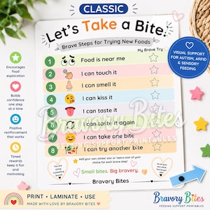 Peut inclure: Un tableau coloré intitulé "Let's Take a Bite" avec des étapes pour essayer de nouveaux aliments. Le tableau comprend du texte et des illustrations, avec les mots "Bravory Bites" en bas. Il est conçu pour le soutien visuel de l'autisme et de l'alimentation sensorielle.