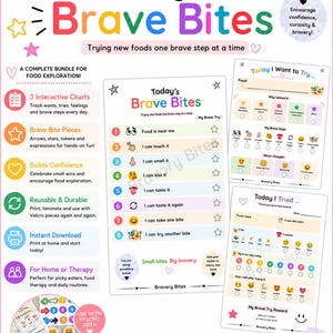 Può includere: Un pacchetto stampabile colorato intitolato "Today's Brave Bites" per l'esplorazione del cibo. Include grafici interattivi, adesivi premio e istruzioni. Progettato per i mangiatori schizzinosi, incoraggiandoli a provare nuovi alimenti.