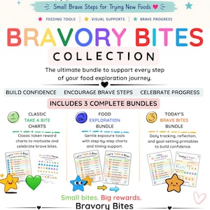 Peut inclure: Graphique coloré promouvant la collection Bravory Bites, conçue pour soutenir l'exploration alimentaire. L'image comprend du texte, des graphiques et des illustrations, avec les phrases « Construire la confiance », « Encourager les étapes courageuses » et « Célébrer les progrès ».