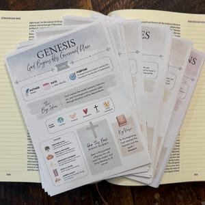 May include: A stack of white paper study guides titled Genesis God Begins His Covenant Plan, featuring sections for author, date, purpose, and key verses, resting on an open Bible with black index tabs labelled with various book names.