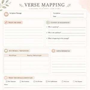 Könnte beinhalten: Ein beigefarbenes und weißes Verse Mapping-Journal mit floralen Akzenten. Das Journal enthält Abschnitte für Schriftstellen, das Schreiben des Verses, den Kontext, Schlüsselwörter und Querverweise. Der Text "VERSE MAPPING" steht oben.