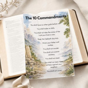 May include: A translucent overlay featuring the text The 10 Commandments and the full list of commandments, set against a watercolor landscape illustration of mountains, a lake, and stone tablets, resting on an open book with printed text.