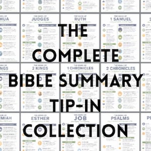 May include: A grid of Bible summary tip-in cards with a white background. Each card features text and icons. The title "THE COMPLETE BIBLE SUMMARY TIP-IN COLLECTION" is prominently displayed in large, bold, black letters.