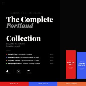 May include: A digital download bundle titled "The Complete Portland Collection" on a black background. The cover features the title in white, with four guides and 55 pages. Includes guides for food, nature, accommodations, and transport.