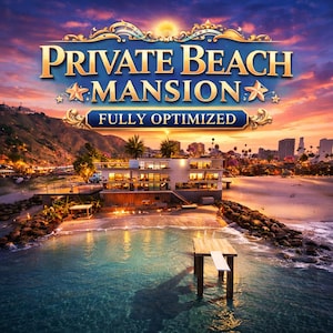 Peut inclure: Image d'un manoir de plage de luxe au coucher du soleil. Le texte "PRIVATE BEACH MANSION" est affiché en lettres dorées, avec les mots "FULLY OPTIMIZED" en dessous. Le manoir est blanc avec de grandes fenêtres et une jetée en bois s'avance dans l'eau turquoise.