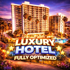 May include: An eye-level shot of a luxury hotel complex at dusk. The image features two tall buildings with many windows, palm trees, and a pool. The text "LUXURY HOTEL FULLY OPTIMIZED" is displayed in a colorful, 3D font.