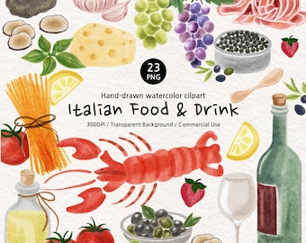 Imágenes prediseñadas de comida italiana en acuarela, elementos mediterráneos, estilo vintage PNG