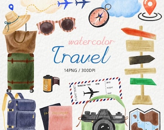 Imágenes prediseñadas de viajes en acuarela PNG, imágenes prediseñadas de viajes vintage, pegatinas de vacaciones, equipaje, imágenes prediseñadas de cámaras, pasaporte PNG, letrero, iconos de viaje