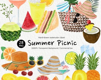 Imágenes prediseñadas de verano en acuarela, bebidas tropicales, frutas, picnic en la playa PNG (descarga digital)