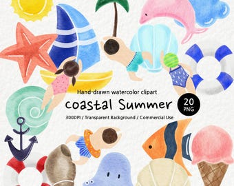 Aquarell Sommer Strand Clipart, Küsten Ozean PNG Bündel, Strand Symbole, Schwimmer Clipart, Boot, Fisch, Delfin, Oktopus, Muschel, Eis Crerm