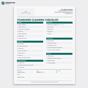 May include: A standard cleaning checklist, detailing tasks for various areas like kitchens, bedrooms, and bathrooms. The checklist includes wiping surfaces, cleaning appliances, and vacuuming. The document features a logo and contact details.