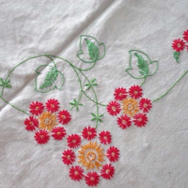 Vintage Embroidered Linen Luncheon Tablecloth, Red & Orange Cornflowers, Spring Green Foliage