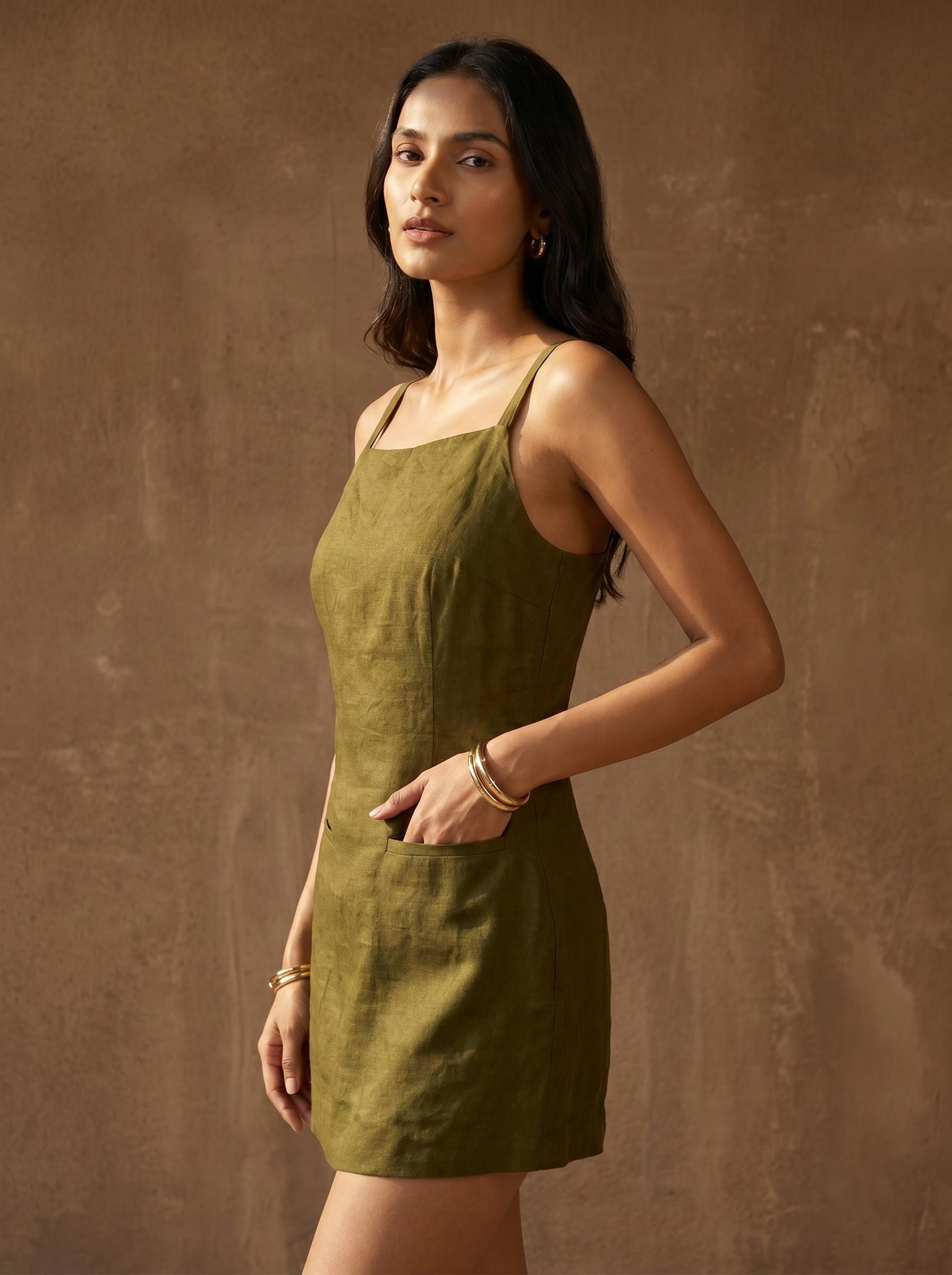 green linen dress mini Olive 100% Dress, Minimalist Summer Slip vintage dress