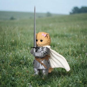 May include: A small orange cat figurine wearing silver metal armor and a white cape. The cat holds a long, thin silver sword upright with both paws and has a small pink bow attached to the top of its head, standing in a grassy field.