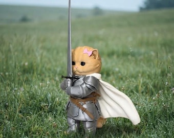 Knight Cat 3D Printed Figurine | Epic Warrior Kitty with Armor & Sword | Fantasy Desk Decor