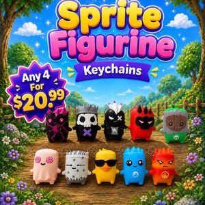 May include: A collection of ten small, colorful sprite figurine keychains arranged on a wooden path. The figures feature various designs, including a ghost, a duck with sunglasses, and creatures with horns, skulls, and elemental symbols.