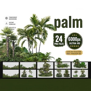 Puede incluir: Una colección digital de 24 imágenes de palmeras y follaje tropical en alta resolución con fondos transparentes. El conjunto incluye varios arreglos de plantas verdes, etiquetados como archivos PNG de 6000px Ultra HD.