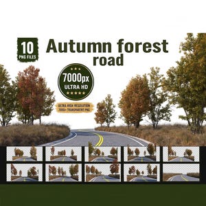 Könnte beinhalten: Eine digitale Sammlung von 10 PNG-Dateien, die eine herbstliche Waldstraße mit Bäumen in orangefarbenem und braunem Laub zeigen. Die Grafik enthält den Text 10 PNG FILES, Autumn forest road, 7000px ULTRA HD und ULTRA HIGH RESOLUTION.