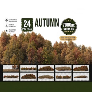 May include: A digital collection of 24 autumn tree and shrub PNG files featuring realistic foliage in shades of orange, red, yellow, and brown. The set includes various clusters and lines of trees, all presented with a transparent background.
