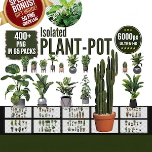 Pode incluir: Uma coleção digital de gráficos isolados de plantas em vasos com várias plantas de interior em recipientes variados, incluindo um cacto grande num vaso de terracota, com textos indicando 400+ PNG em 65 pacotes e 6000px Ultra HD.