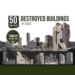Op de afbeelding: Een digitale collectie van 50 PNG-bestanden met verwoeste gebouwen met transparante achtergronden. De tekst luidt 50 DESTROYED BUILDINGS, TRANSPARENT BACKGROUND en 7000 px ULTRA HD. Vijf miniaturen tonen verschillende verwoeste structuren.