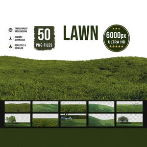 Puede incluir: Una colección digital de 50 archivos PNG de césped con texturas de hierba verde realistas y paisajes. El conjunto incluye varias colinas cubiertas de hierba, campos y escenas al aire libre con fondos transparentes, todo en 6000px de resolución.
