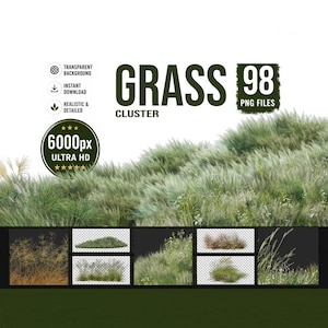 Op de afbeelding: Een digitale collectie van 98 grascluster PNG-bestanden met diverse texturen van groen en gedroogd gras. De afbeelding toont de tekst GRASS CLUSTER 98 PNG FILES, samen met iconen voor transparante achtergrond, directe download en 6000px ultra HD.