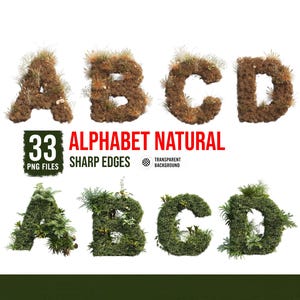 May include: A digital collection of 33 PNG files featuring letters A, B, C, and D rendered in two styles: one with brown, dried grass textures and another with lush green foliage and fern leaves. The text reads 33 ALPHABET NATURAL SHARP EDGES.