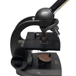 Puede incluir: Un microscopio compuesto de metal gris oscuro con acabado texturizado, platina negra con pinza para portaobjetos, revólver giratorio con múltiples objetivos, ocular plateado, espejo circular ajustable y una perilla de enfoque grande.