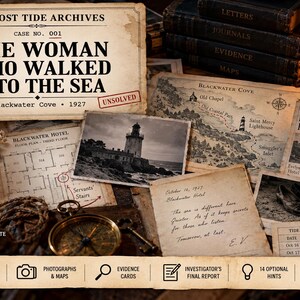 May include: A mystery game set titled The Lost Tide Archives featuring Case No. 001 The Woman Who Walked Into The Sea. Includes vintage-style documents, a Blackwater Hotel floor plan, a lighthouse photograph, a map, and a handwritten note.