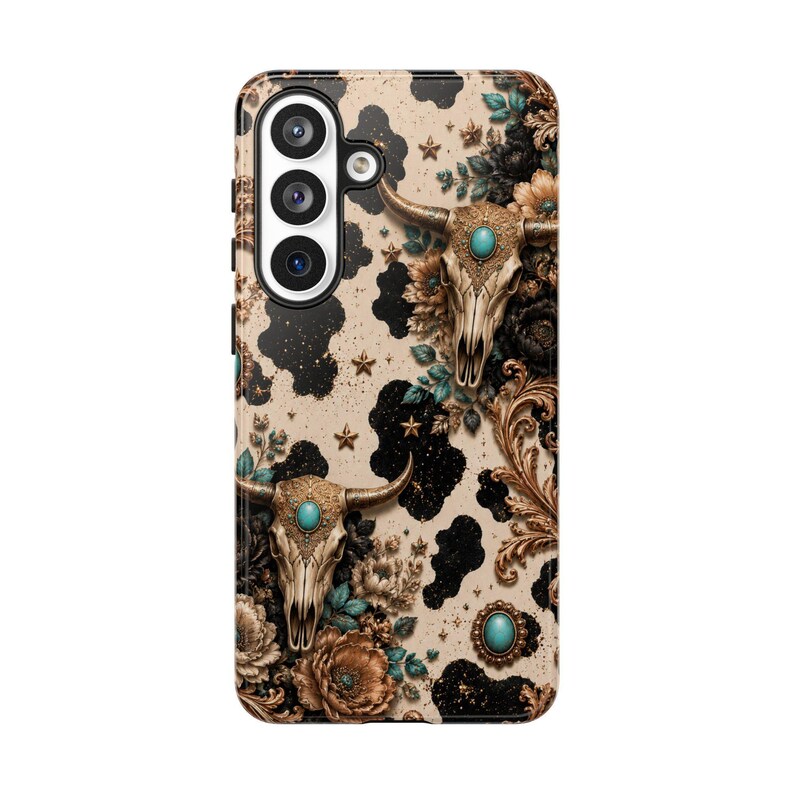 a phone case with a floral and skull design.