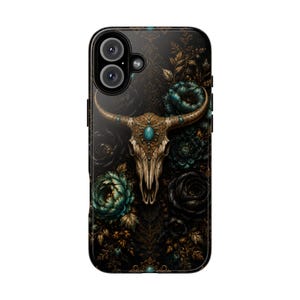 Custodia per telefono in stile boho gotico, teschio di toro turchese, motivo floreale scuro (antiurto)