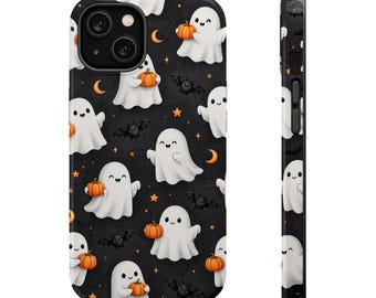May include: A black phone case featuring a repeating pattern of white cartoon ghosts holding orange pumpkins, interspersed with small black bats, orange crescent moons, and orange stars across the back and side surfaces.