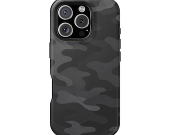 May include: A smartphone case featuring a dark grey and black camouflage pattern. The case has a rectangular shape with rounded corners and a cutout in the upper left corner to accommodate a triple-lens camera system and a flash.