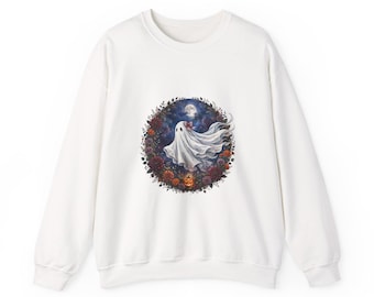 May include: A white long-sleeved sweatshirt featuring a circular graphic print of a white ghost with a red bow, surrounded by a dark floral wreath with deep red and orange flowers, a glowing jack-o'-lantern, and a full moon in the night sky.