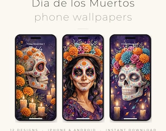 May include: Three smartphones displaying Día de los Muertos phone wallpapers featuring sugar skulls, marigold flowers, and candles. The text reads Día de los Muertos phone wallpapers, 12 designs, iPhone & Android, and instant download.