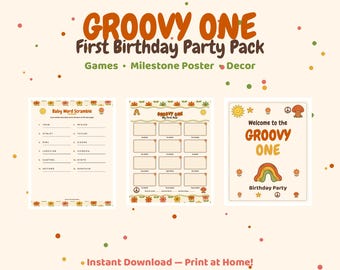 May include: A Groovy One First Birthday Party Pack featuring a baby word scramble game, a milestone poster, and a welcome sign. The designs include orange, yellow, and green flowers, rainbows, mushrooms, and suns on a cream background.
