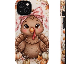 May include: A phone case featuring a brown turkey with a pink bow on its head, surrounded by autumn leaves, small pumpkins, and sparkling stars. The design is repeated on the side profile of the case, showing the same fall-themed pattern.