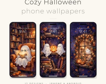 May include: Three smartphones displaying digital Halloween-themed wallpapers. The text reads Cozy Halloween phone wallpapers, 12 designs, iPhone & Android. The screens show ghosts in a library, with pumpkins, books, and autumn leaves.