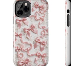 Coquette Bow Phone Case - Pink Ribbon Bows and Lace Case for iPhone 17 16 15 14 13 12 11 Pro Max, Samsung Galaxy S25 S24 S23