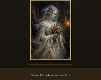 May include: A framed wall art print titled The Lady in Lace, measuring 61 x 91 cm. It depicts a figure with long light hair wearing a white lace dress, holding a bouquet of dried flowers in a dark room with a lit candle on the wall.