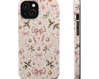 May include: A phone case featuring a light pink background with a repeating pattern of soft pink bows, green holly leaves with red berries, gold ornaments, and delicate strings of white pearls. The design covers the back and side edges.